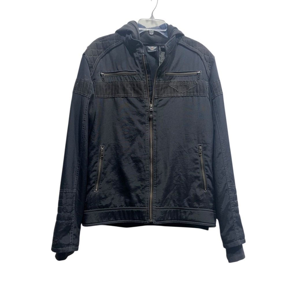 Harley Davidson Mens Tall L Black Hooded Motorcycle Jacket Full Zip‎ Emblem